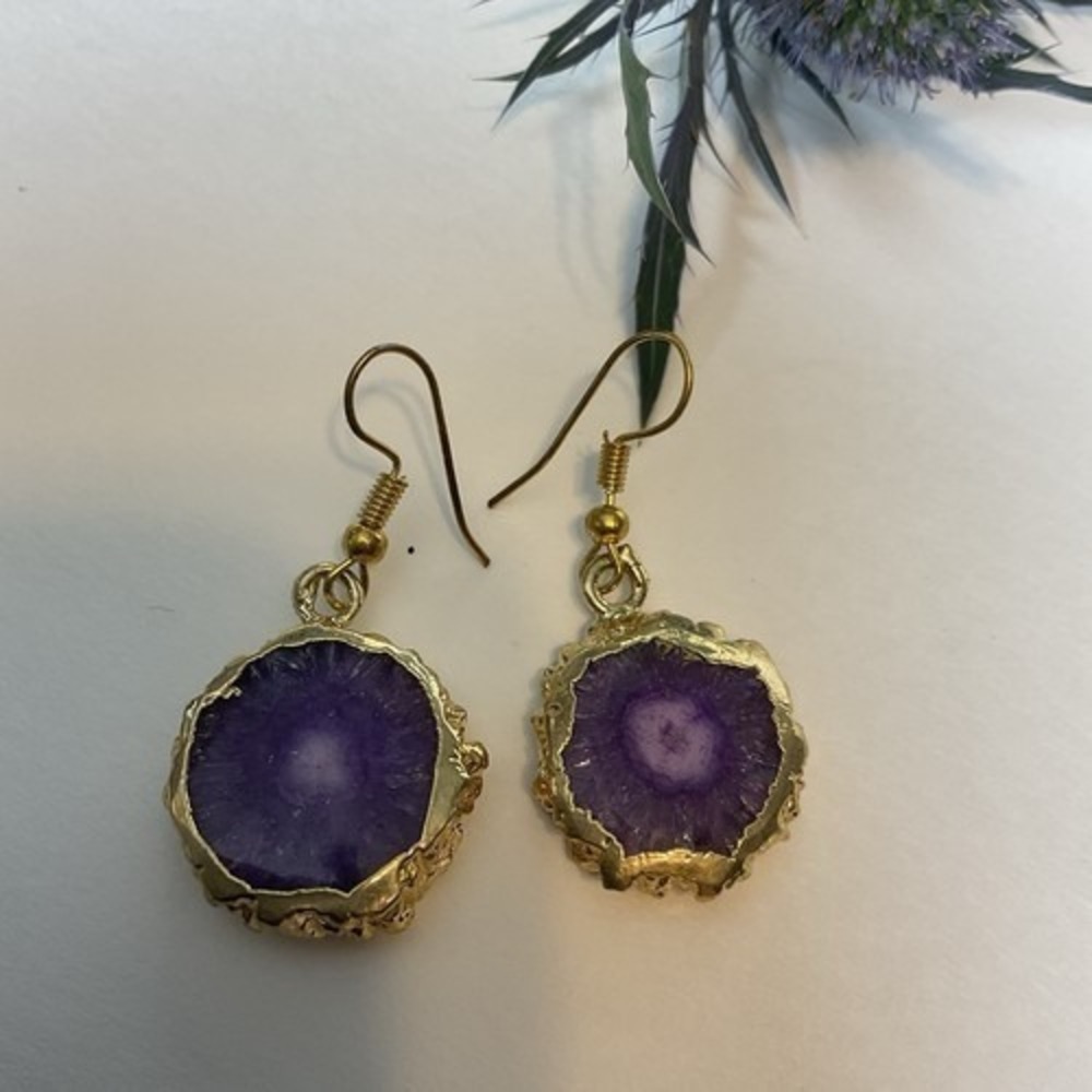 NWOT Natural Milky Purple Solar Quartz Satellite‎ Gold Electroplated Earrings